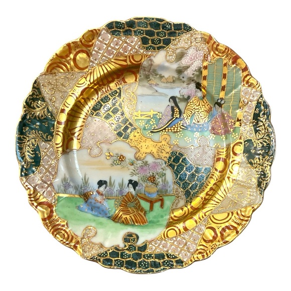 Rare IE & Co Satsuma Kutani Style 7.5” Geisha Plate Japan Hand Painted Gold Gilt - Picture 1 of 4